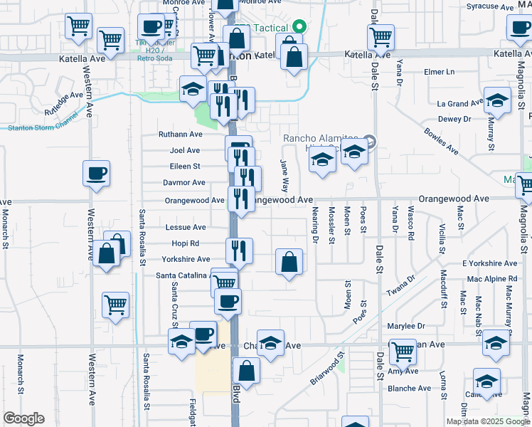 map of restaurants, bars, coffee shops, grocery stores, and more near 8111 Hynes Road in Stanton