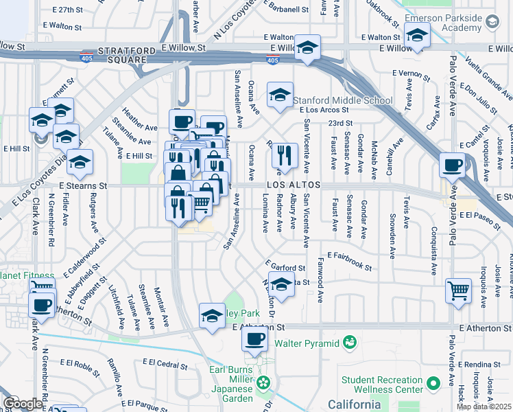 map of restaurants, bars, coffee shops, grocery stores, and more near 2168 Ocana Avenue in Long Beach