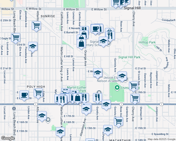 map of restaurants, bars, coffee shops, grocery stores, and more near 1229 East Wesley Drive in Long Beach