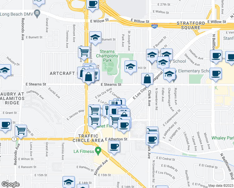 map of restaurants, bars, coffee shops, grocery stores, and more near 4601 East Cervato Street in Long Beach