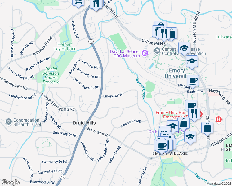 map of restaurants, bars, coffee shops, grocery stores, and more near 1366 Emory Road Northeast in Atlanta