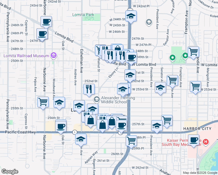 map of restaurants, bars, coffee shops, grocery stores, and more near 1832 West 253rd Street in Lomita