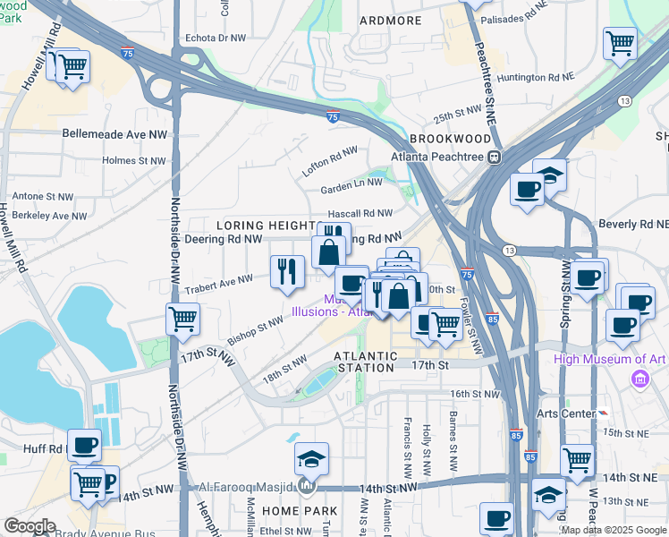 map of restaurants, bars, coffee shops, grocery stores, and more near 1468 Mecaslin Street Northwest in Atlanta