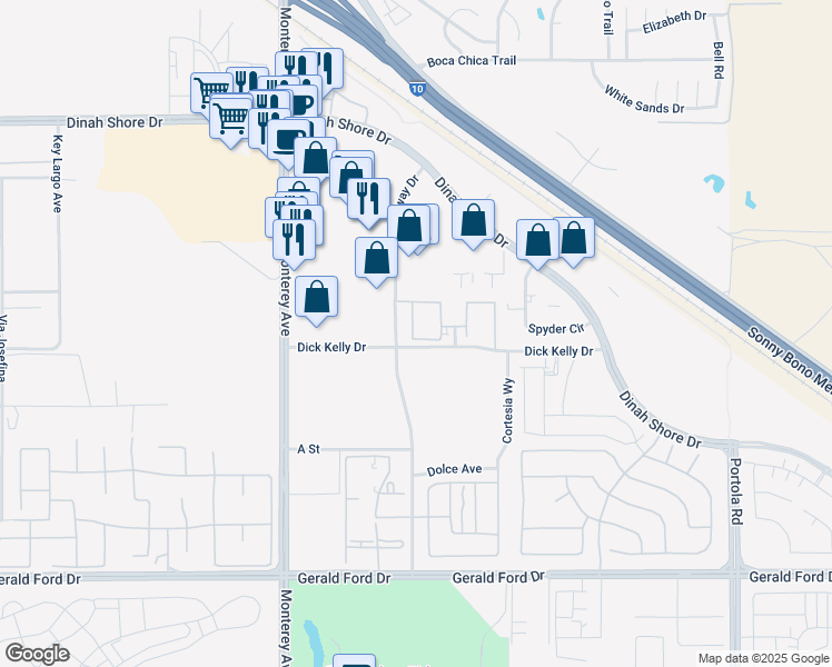 map of restaurants, bars, coffee shops, grocery stores, and more near 73268 Azure Rain in Palm Desert
