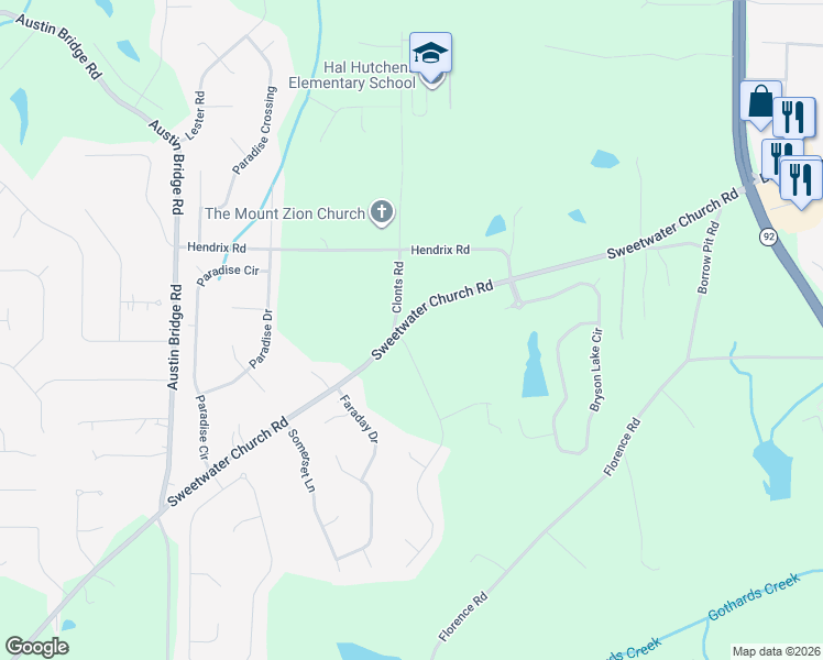 map of restaurants, bars, coffee shops, grocery stores, and more near 9 Deering Drive in Douglasville