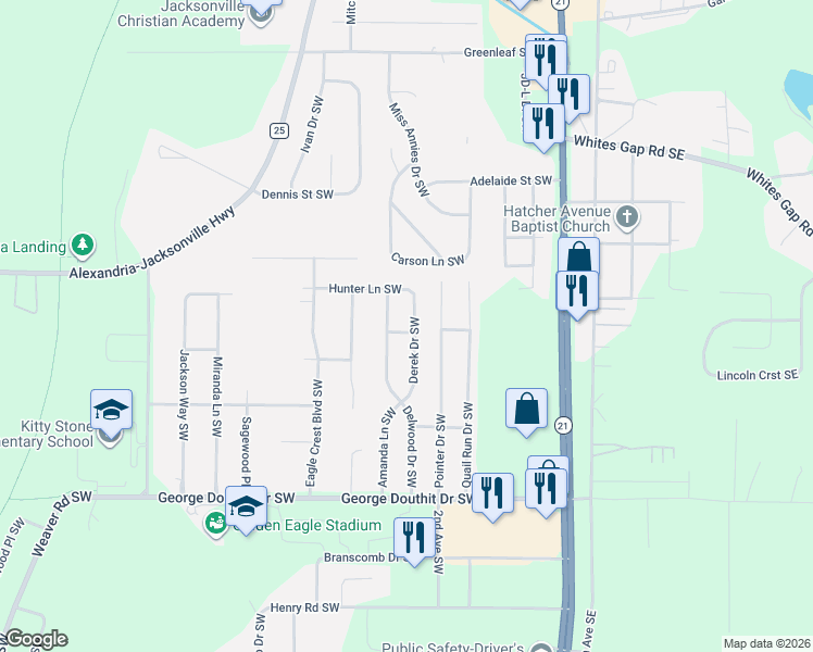 map of restaurants, bars, coffee shops, grocery stores, and more near 1108 Derek Drive Southwest in Jacksonville