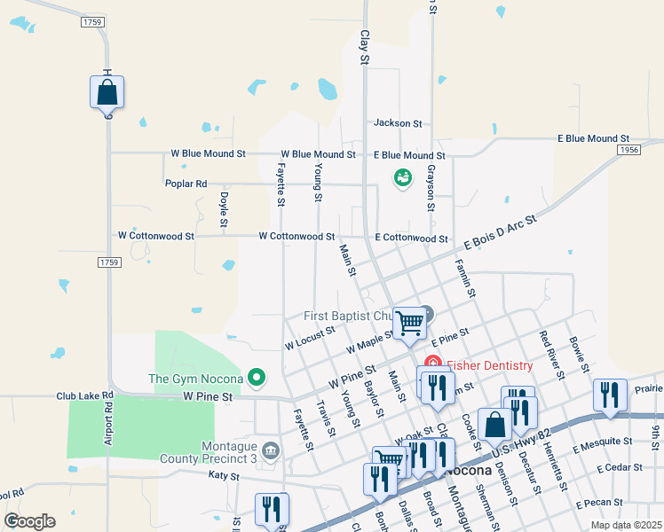 map of restaurants, bars, coffee shops, grocery stores, and more near 904 Young Street in Nocona