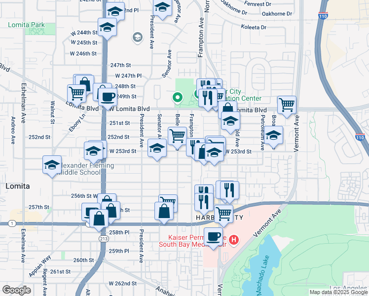 map of restaurants, bars, coffee shops, grocery stores, and more near 1345 West 253rd Street in Los Angeles