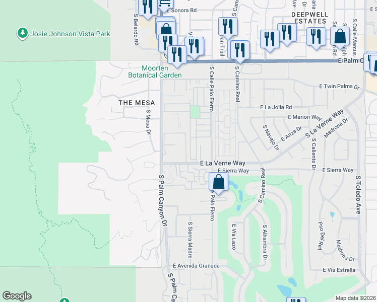 map of restaurants, bars, coffee shops, grocery stores, and more near 144 Pali Drive in Palm Springs