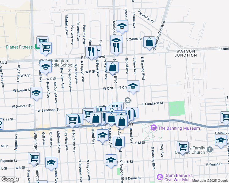 map of restaurants, bars, coffee shops, grocery stores, and more near 1562 North Marine Avenue in Los Angeles