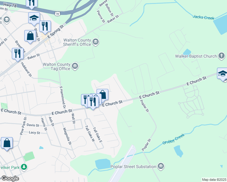 map of restaurants, bars, coffee shops, grocery stores, and more near 1218 Claywill Circle in Monroe