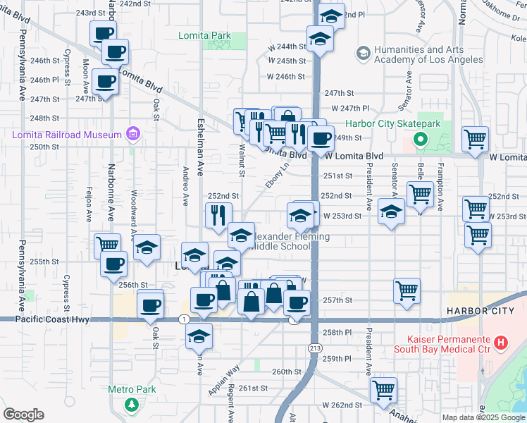 map of restaurants, bars, coffee shops, grocery stores, and more near 1844 W 253rd St in Lomita