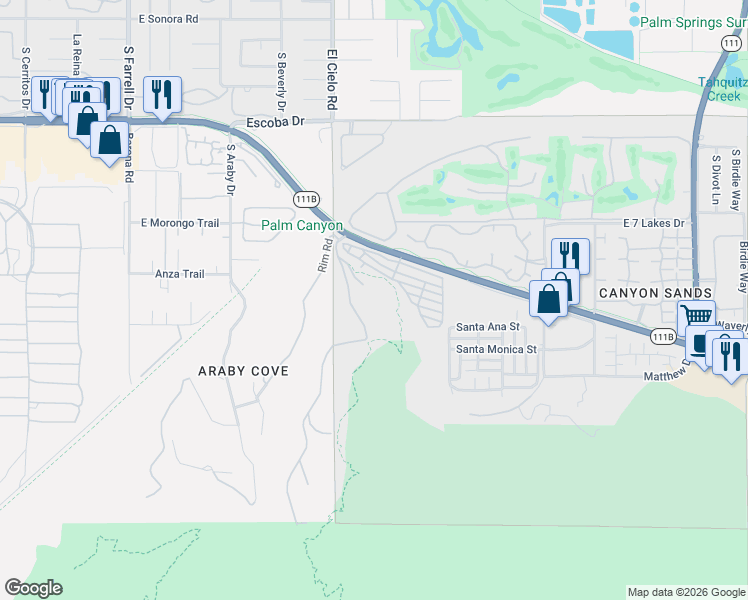 map of restaurants, bars, coffee shops, grocery stores, and more near 2106 Southridge Drive in Palm Springs