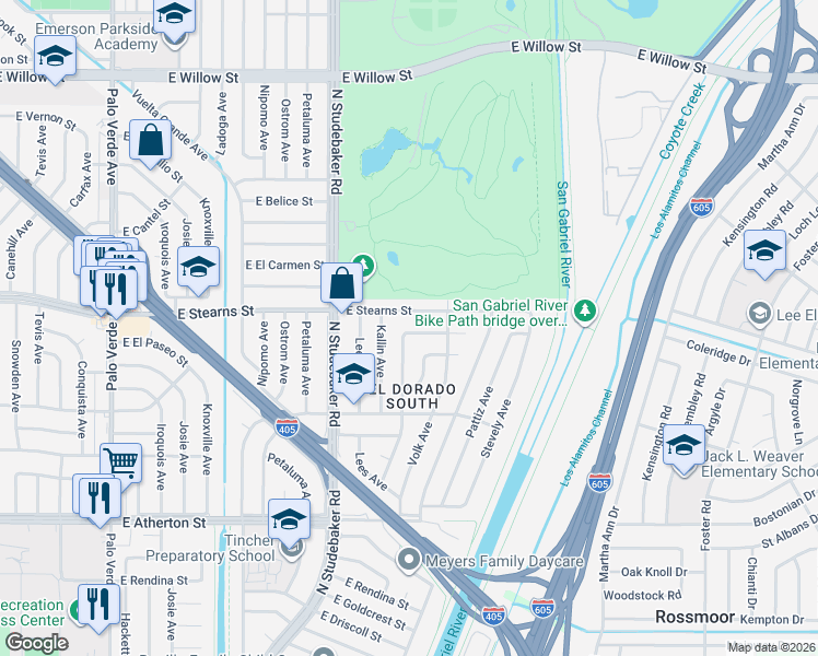 map of restaurants, bars, coffee shops, grocery stores, and more near 7003 East El Paseo Street in Long Beach