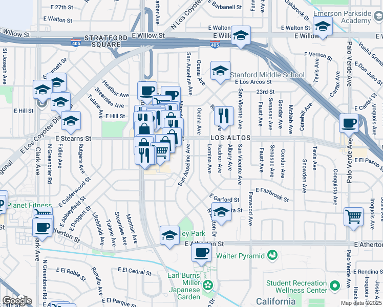 map of restaurants, bars, coffee shops, grocery stores, and more near 2168 Ocana Avenue in Long Beach