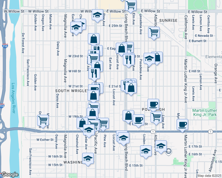 map of restaurants, bars, coffee shops, grocery stores, and more near 2070 Locust Avenue in Long Beach