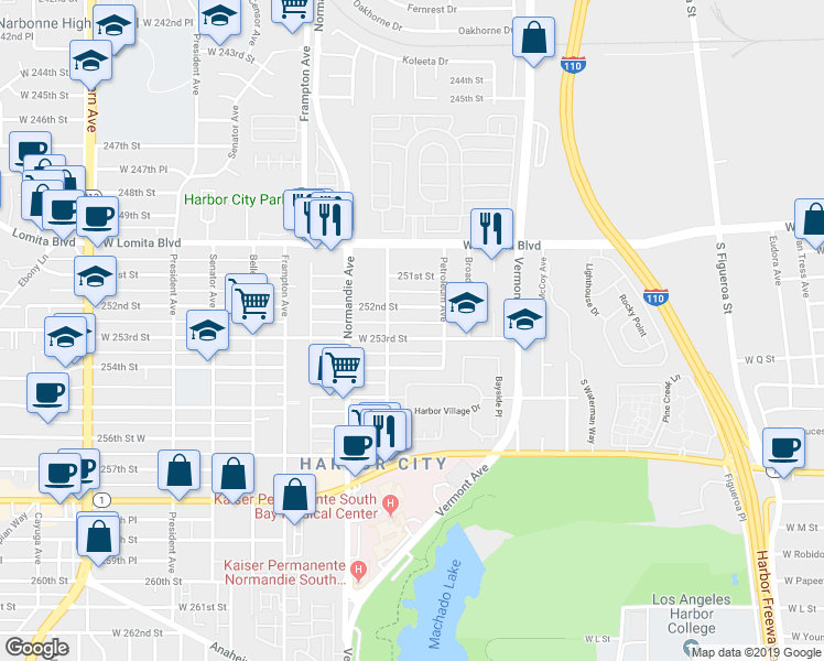 map of restaurants, bars, coffee shops, grocery stores, and more near 1051 West 253rd Street in Los Angeles