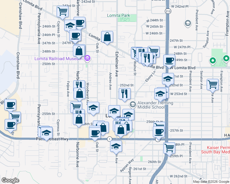 map of restaurants, bars, coffee shops, grocery stores, and more near 25223 Andreo Avenue in Lomita