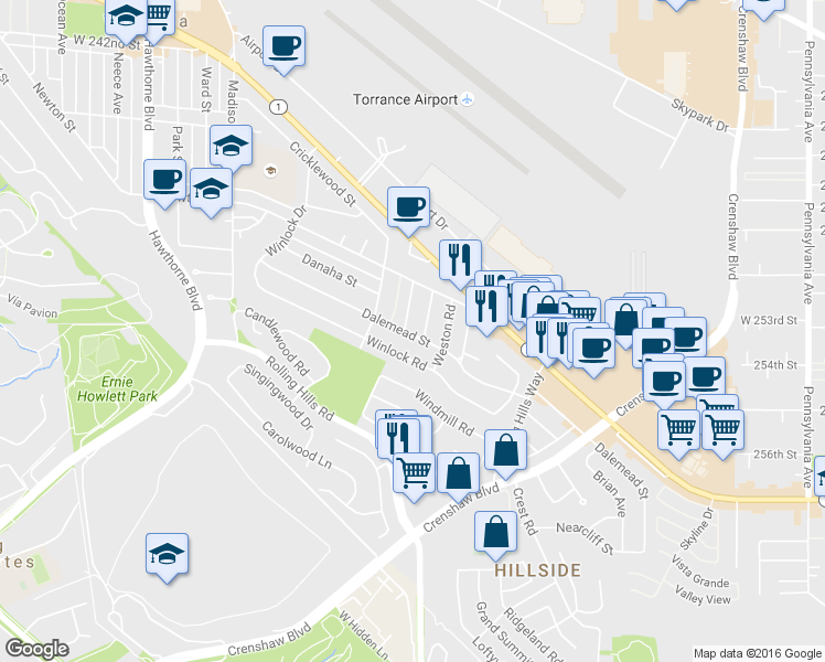 map of restaurants, bars, coffee shops, grocery stores, and more near in Torrance