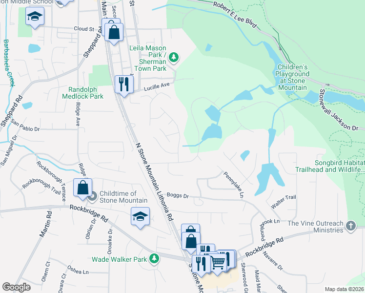 map of restaurants, bars, coffee shops, grocery stores, and more near 628 Pepperwood Lane in Stone Mountain