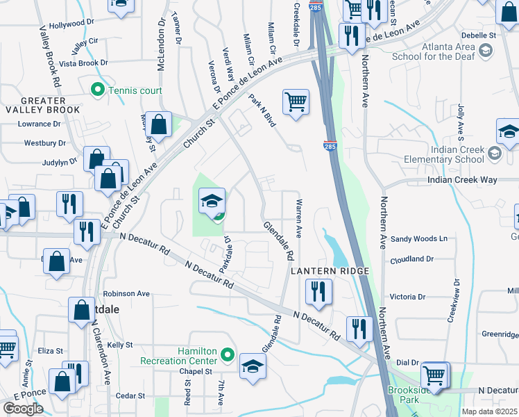 map of restaurants, bars, coffee shops, grocery stores, and more near 644 Glendale Road in Scottdale