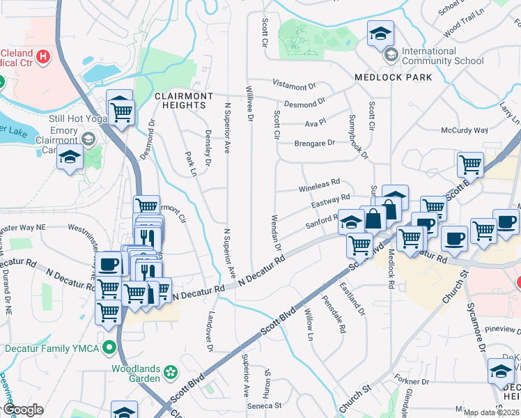map of restaurants, bars, coffee shops, grocery stores, and more near 635 Willivee Drive in Decatur