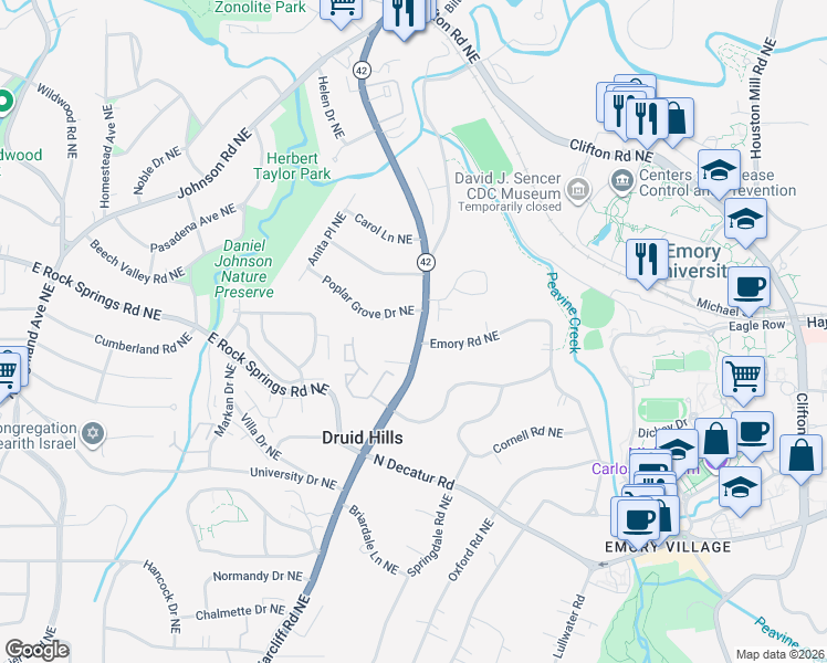 map of restaurants, bars, coffee shops, grocery stores, and more near 1480 Briarcliff Road Northeast in Atlanta