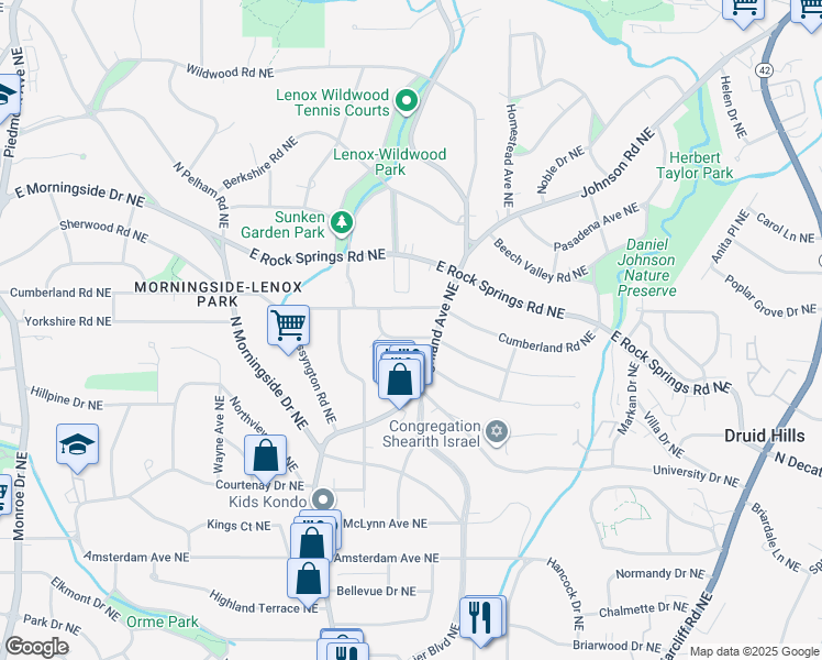 map of restaurants, bars, coffee shops, grocery stores, and more near 1056 Reeder Circle Northeast in Atlanta