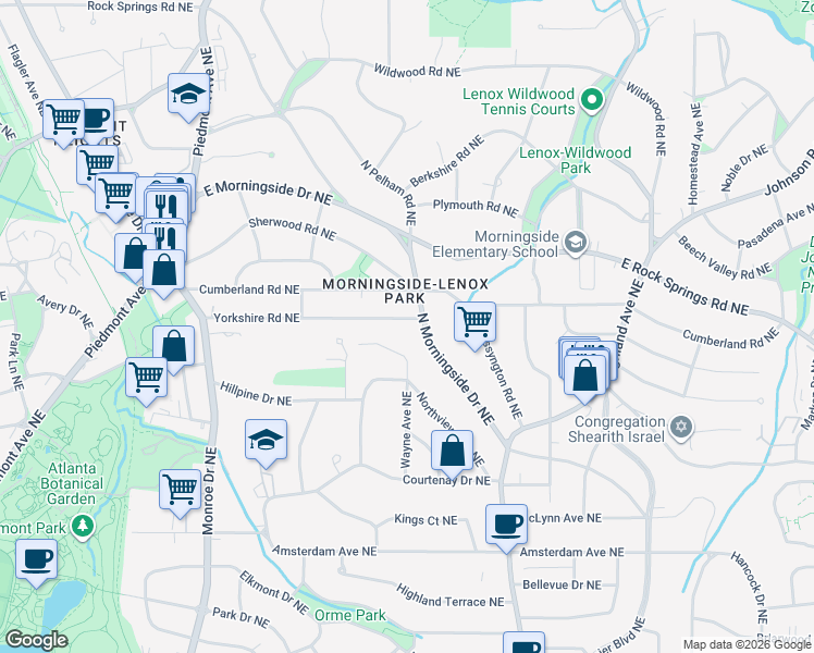 map of restaurants, bars, coffee shops, grocery stores, and more near 825 Yorkshire Road Northeast in Atlanta