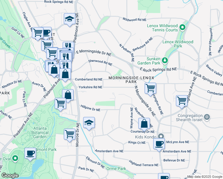 map of restaurants, bars, coffee shops, grocery stores, and more near 733 Yorkshire Road Northeast in Atlanta