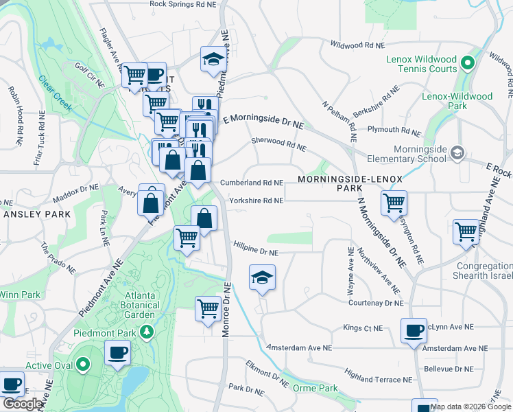 map of restaurants, bars, coffee shops, grocery stores, and more near 639 Yorkshire Road Northeast in Atlanta
