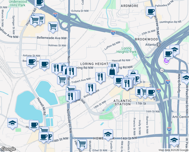map of restaurants, bars, coffee shops, grocery stores, and more near 1474 Brooklyn Avenue Northwest in Atlanta
