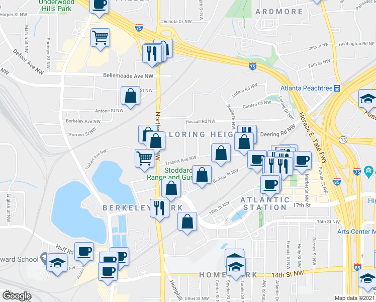 map of restaurants, bars, coffee shops, grocery stores, and more near 1467 Hawthorne Avenue Northwest in Atlanta