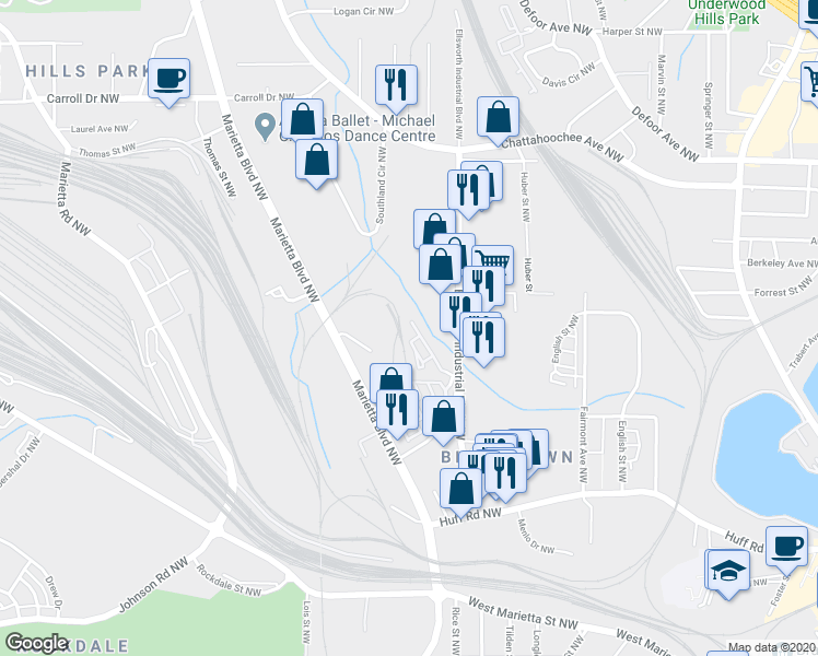 map of restaurants, bars, coffee shops, grocery stores, and more near 1412 Peter Haughton Way in Atlanta
