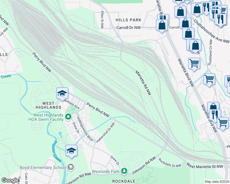 map of restaurants, bars, coffee shops, grocery stores, and more near 1600 Marietta Road Northwest in Atlanta