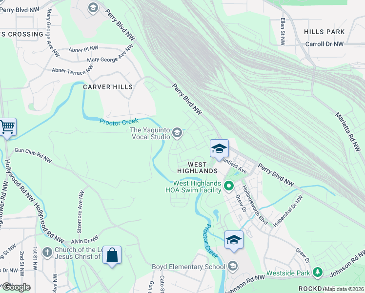 map of restaurants, bars, coffee shops, grocery stores, and more near 2501 Drew Drive in Atlanta