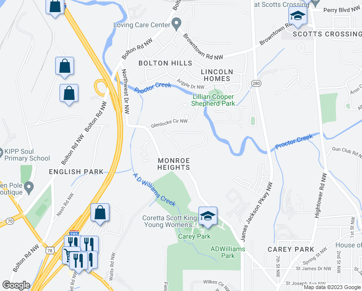 map of restaurants, bars, coffee shops, grocery stores, and more near 2843 Mango Circle Northwest in Atlanta