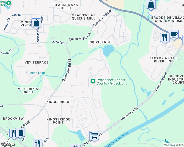 map of restaurants, bars, coffee shops, grocery stores, and more near 6114 Queens River Drive in Mableton