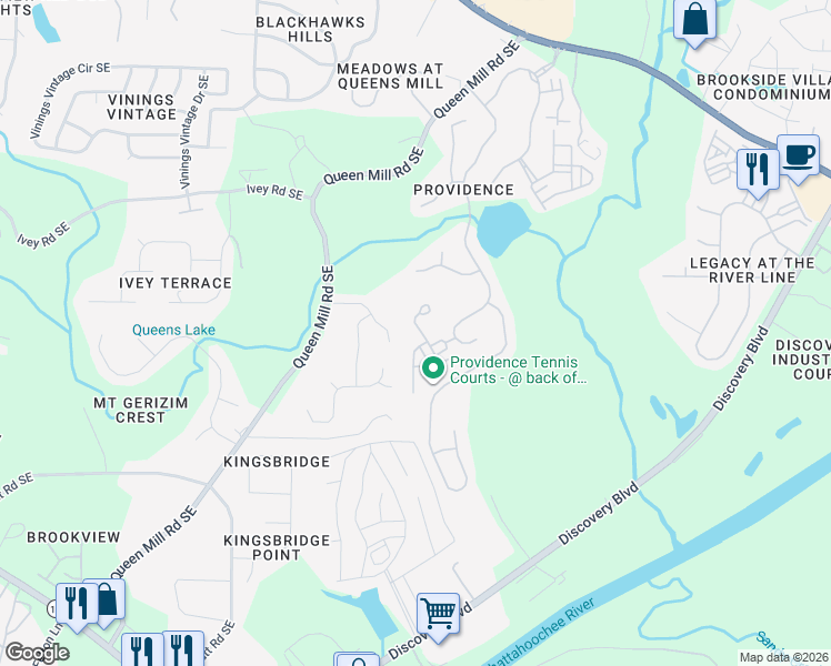 map of restaurants, bars, coffee shops, grocery stores, and more near 6512 Bennington Bluff Court in Mableton