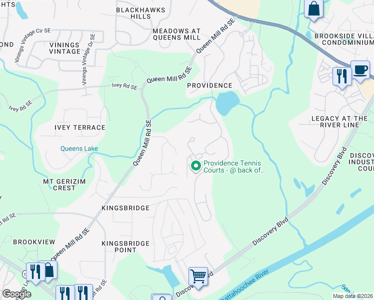 map of restaurants, bars, coffee shops, grocery stores, and more near 6504 Bennington Bluff Court in Mableton