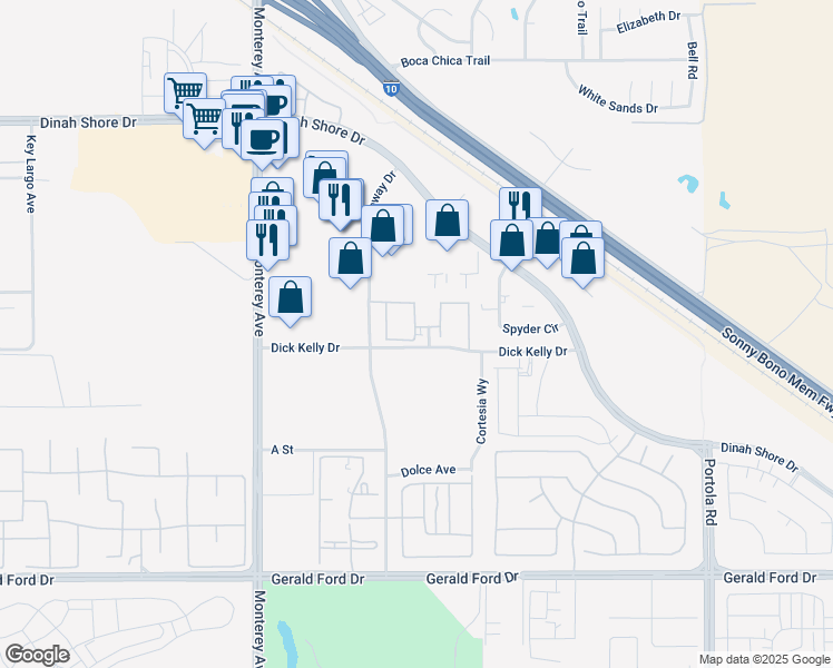 map of restaurants, bars, coffee shops, grocery stores, and more near 73252 Water Ridge Drive in Palm Desert