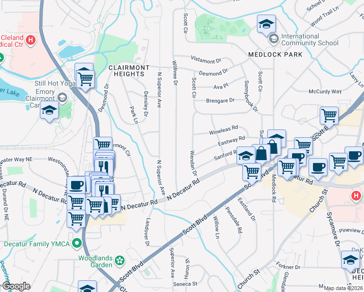 map of restaurants, bars, coffee shops, grocery stores, and more near 635 Willivee Drive in Decatur