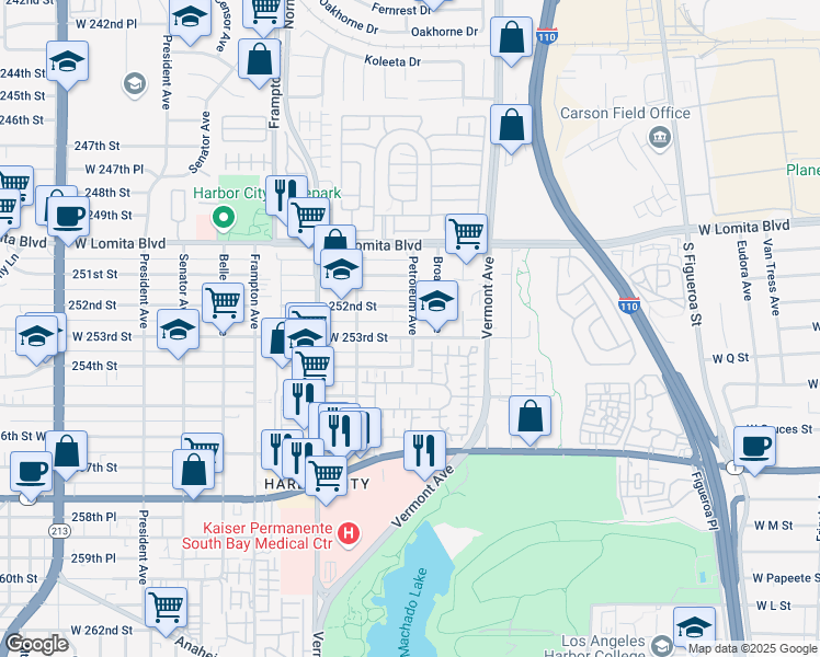 map of restaurants, bars, coffee shops, grocery stores, and more near 1033 West 253rd Street in Los Angeles