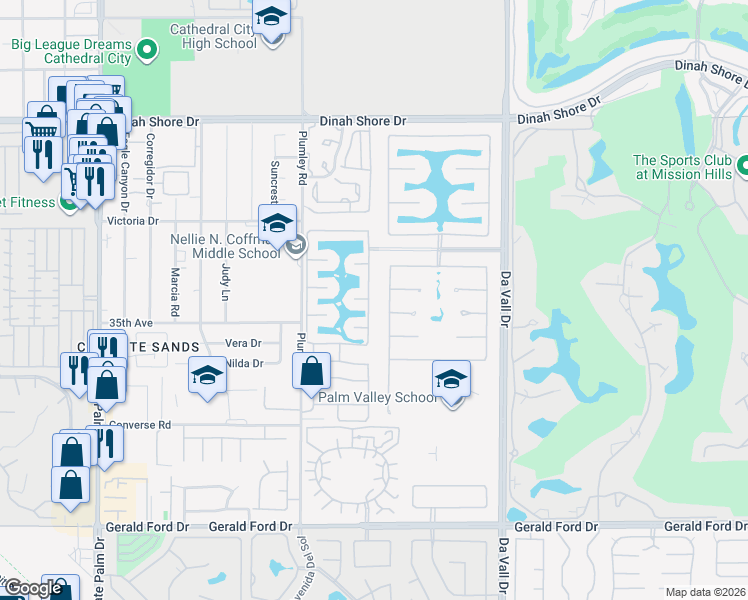 map of restaurants, bars, coffee shops, grocery stores, and more near 22 Shoreline Drive in Rancho Mirage