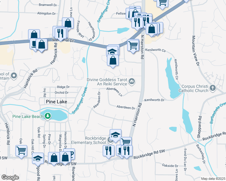 map of restaurants, bars, coffee shops, grocery stores, and more near 4659 Aberdeen Lane in Stone Mountain