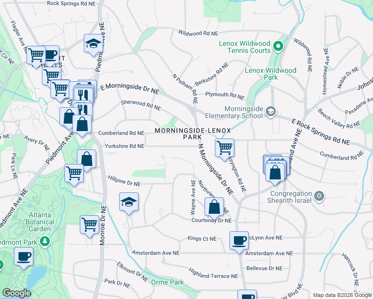 map of restaurants, bars, coffee shops, grocery stores, and more near 825 Yorkshire Road Northeast in Atlanta