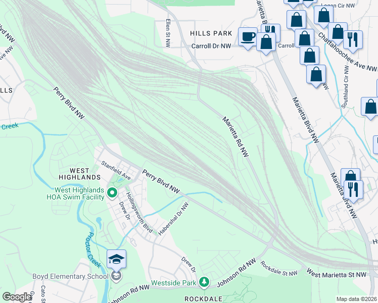map of restaurants, bars, coffee shops, grocery stores, and more near 1600 Marietta Road Northwest in Atlanta