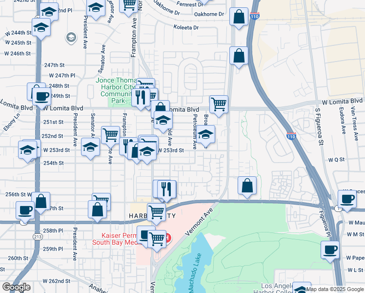 map of restaurants, bars, coffee shops, grocery stores, and more near 1059 West 253rd Street in Los Angeles