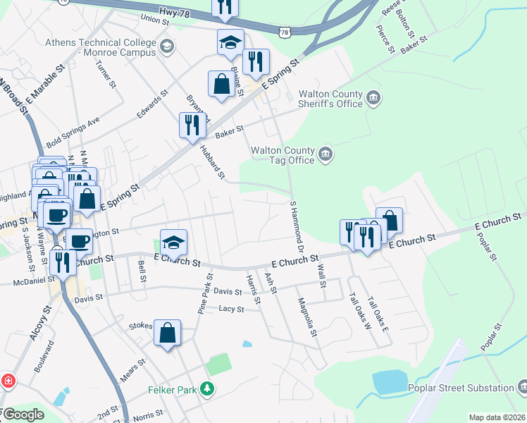map of restaurants, bars, coffee shops, grocery stores, and more near 204 Indian Creek Drive in Monroe
