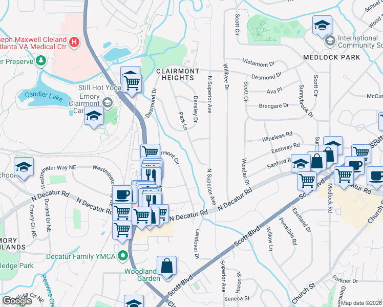 map of restaurants, bars, coffee shops, grocery stores, and more near 628 Park Lane in Decatur